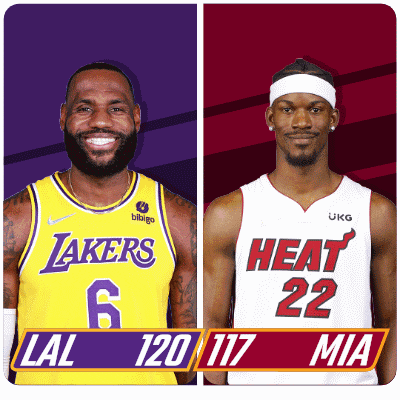 a lakers player and a heat player are shown side by side