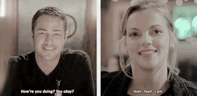 a man and a woman are smiling and talking to each other