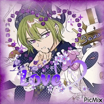 a picture of a boy with green hair and purple eyes surrounded by purple flowers and the words love .