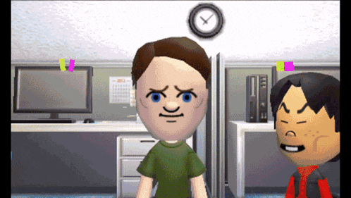 a cartoon character with an angry face is standing next to another character in an office