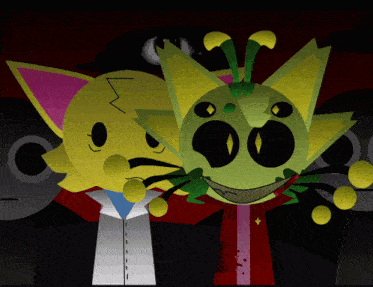 a cartoon drawing of a yellow cat and a green cat