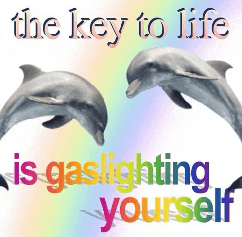 the key to life is gaslighting yourself with two dolphins on a rainbow background