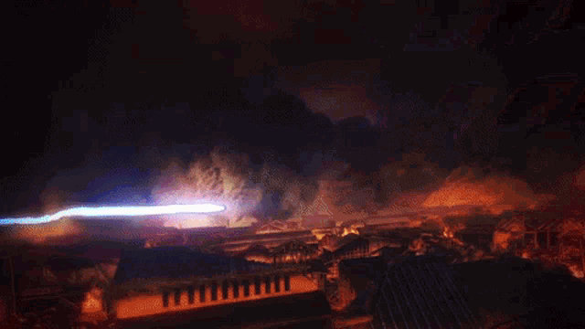 a blue lightning bolt strikes a burning city