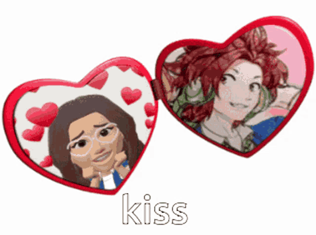 a heart shaped mirror with a picture of a girl and the word kiss written on it