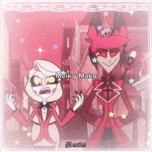 a couple of cartoon characters are standing next to each other and the words meik y mako are above them