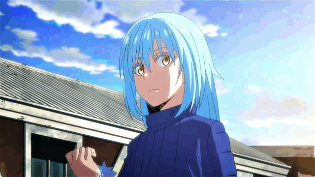 a blue haired anime character stands in front of a house