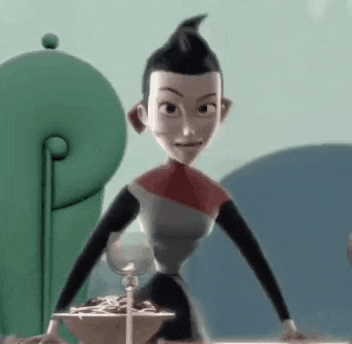a cartoon character is standing in front of a bowl of spaghetti .