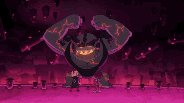a cartoon character stands in front of a monster with a glowing head