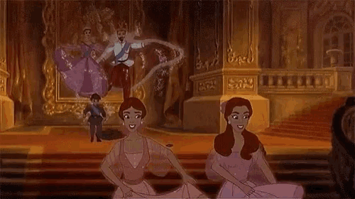a group of cartoon characters are standing on a stage in a room .