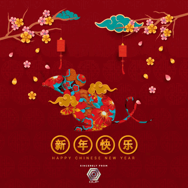 a chinese new year greeting card with flowers and a rat