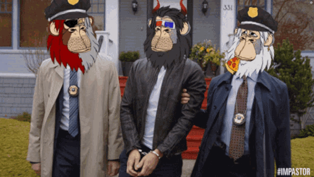 a man in handcuffs is surrounded by two police officers with monkey masks on