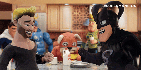 a cartoon of a man in a superhero costume with the hashtag #supermansion