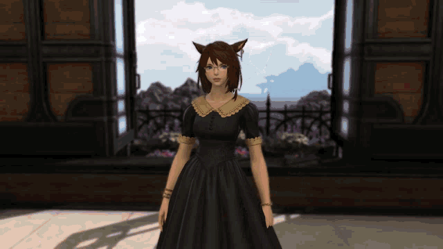 a woman in a black dress with a cat ear is standing in front of a window