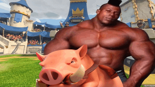 a very muscular man is riding a pig with a crown on its head