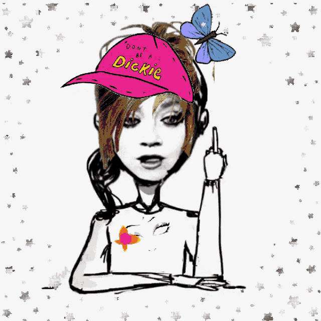 a girl wearing a pink hat that says " don t be a dickie "