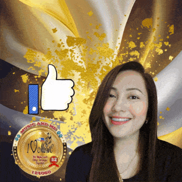 a woman giving a thumbs up next to a music and media badge