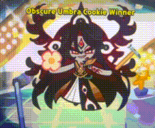 a cartoon character is standing on a stage with the words obscure umbra cookie winner written on the bottom .