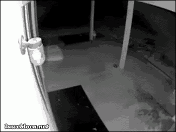 a black and white photo of a door with a light on it and a doormat .
