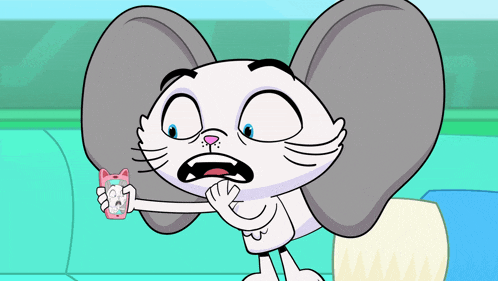 a cartoon character with big ears is holding a pink cat toy