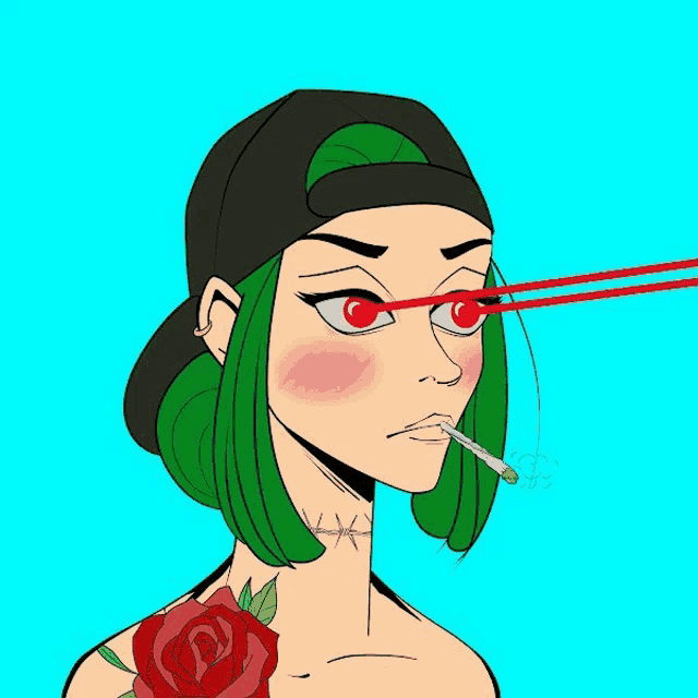 a cartoon of a girl with green hair and red eyes smoking a cigarette