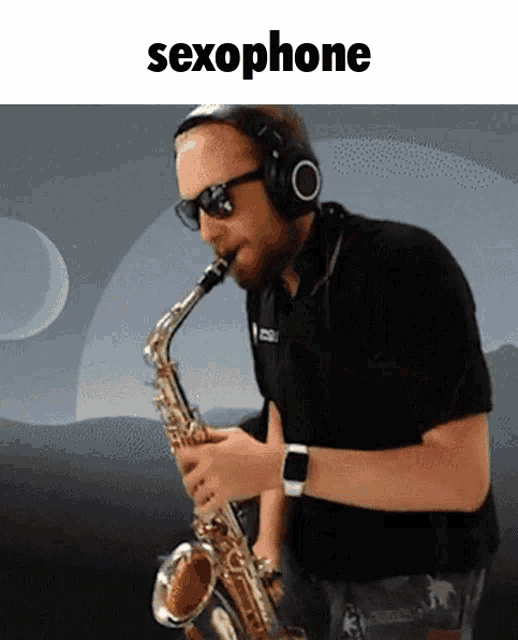 a man playing a saxophone with the word saxophone below him