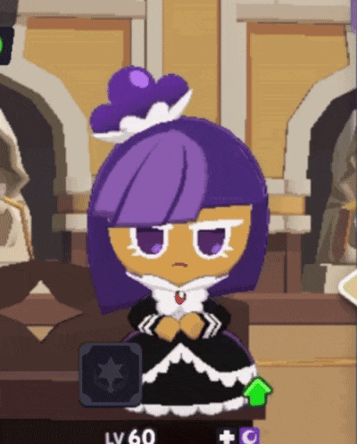 a cartoon character with purple hair and a purple hat has a lv 60