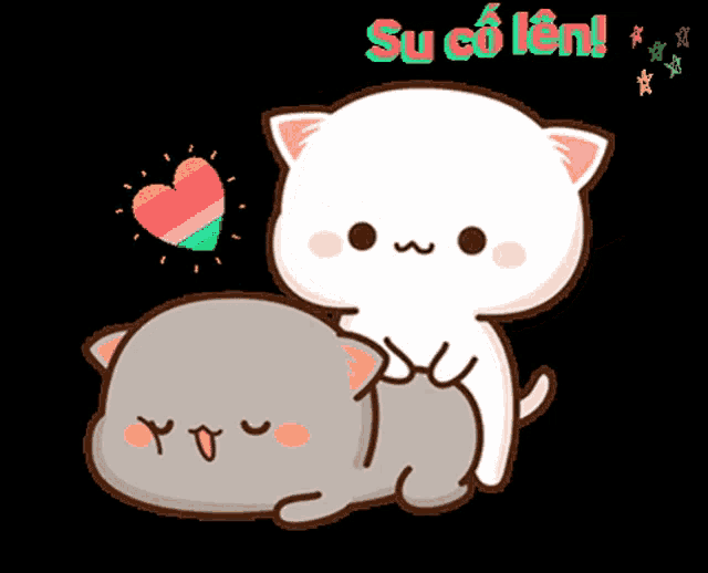 a cartoon cat is laying on another cat 's back with a heart in the background and the words su co len