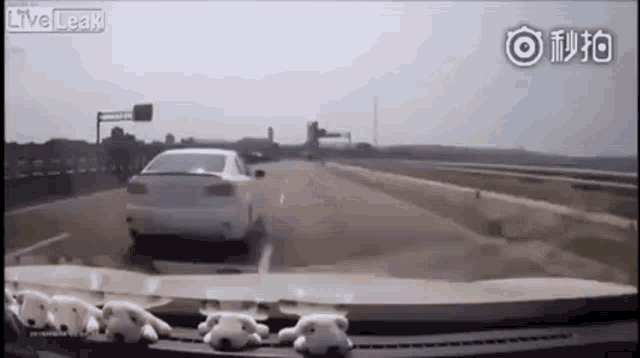 a white car is driving down a highway next to a row of stuffed animals .
