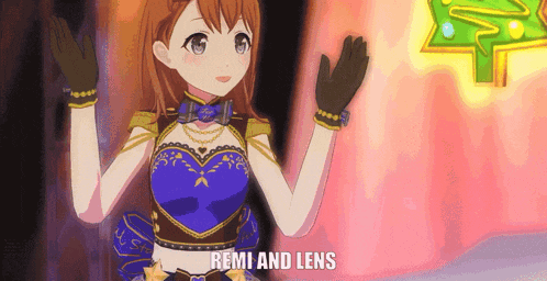 a girl in a blue dress is standing in front of a christmas tree with the words remi and lens below her