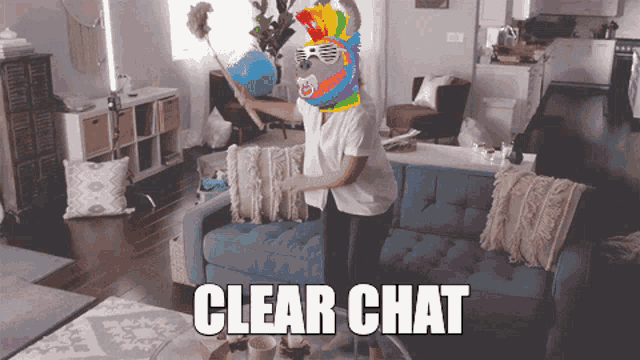a picture of a woman cleaning a couch with the words clear chat written below her