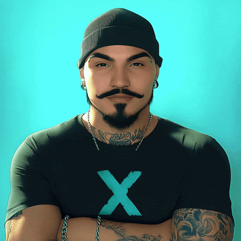 a man with a beard and mustache is wearing a black shirt with a blue x on the front