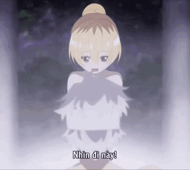 a girl with a bun on her head is holding a ghost and says nhìn di nay