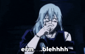 a girl with blue hair and glasses is making a funny face while holding her eye .
