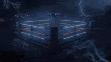 a boxing ring with lightning strikes in the dark