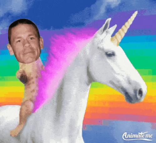 a man is riding a unicorn with a rainbow mane