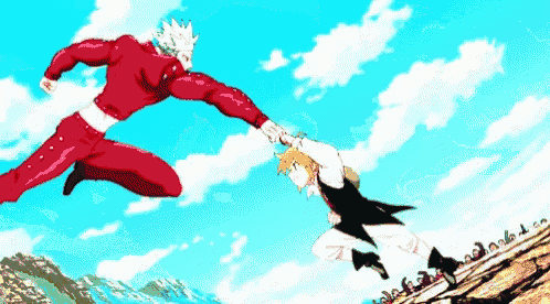 a cartoon of a man in a red suit holding another man 's hand