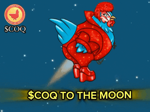 a cartoon of a chicken with the words $ coq to the moon on the bottom