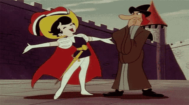 a cartoon character with a sword is standing next to a man in a brown coat