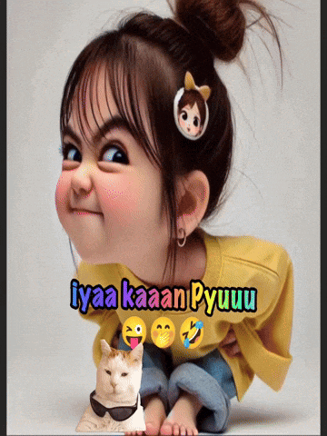 a picture of a little girl with a cat and the words iyaa kaaan pyuu on the bottom
