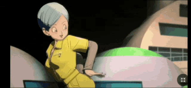 a cartoon character with blue hair and a yellow shirt stands in front of buildings