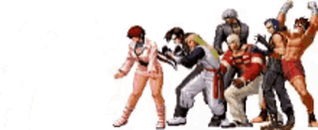 a group of people are standing next to each other on a white background in a video game .