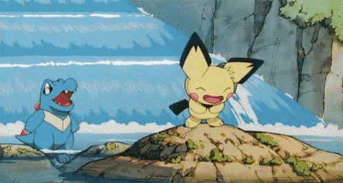 a cartoon of a crocodile and a pokemon standing on a rock in the water .