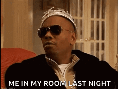 a man wearing a crown and sunglasses says me in my room last night .