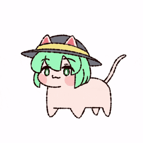 a drawing of a cat with green hair and a black hat