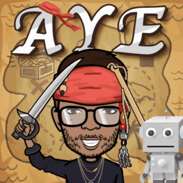 a cartoon of a man with a sword and the word aye