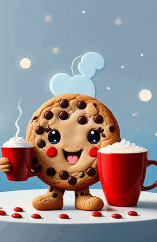 a cookie holding two cups of hot chocolate with whipped cream on top