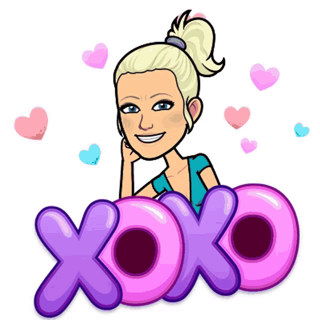 a cartoon girl with a ponytail is holding a purple xoxo sign