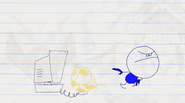 a drawing of a computer monitor and two cartoon characters on lined paper