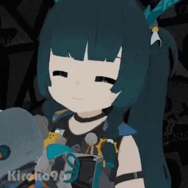 a cartoon girl with blue hair and a ponytail is holding a stuffed animal .