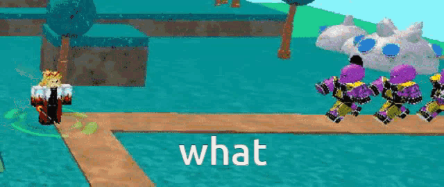 a group of cartoon characters are standing on a dock in a video game and one of them is holding a sword .